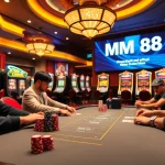 MM88 poker players intensely strategizing over vibrant stacks of chips and cards in a lively casino scene.