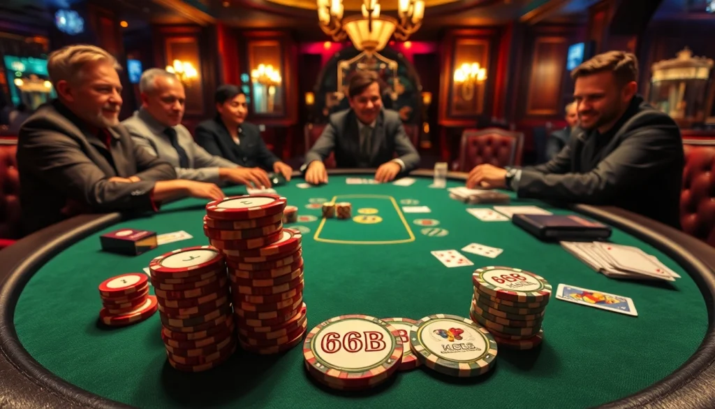 High-stakes players at a poker table featuring 66B engraved chips, embodying the thrill of casino gambling.
