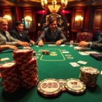 High-stakes players at a poker table featuring 66B engraved chips, embodying the thrill of casino gambling.