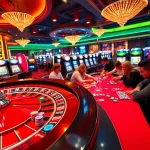 Action-packed casino scene at 13win, featuring roulette, poker players, and vibrant slot machines.
