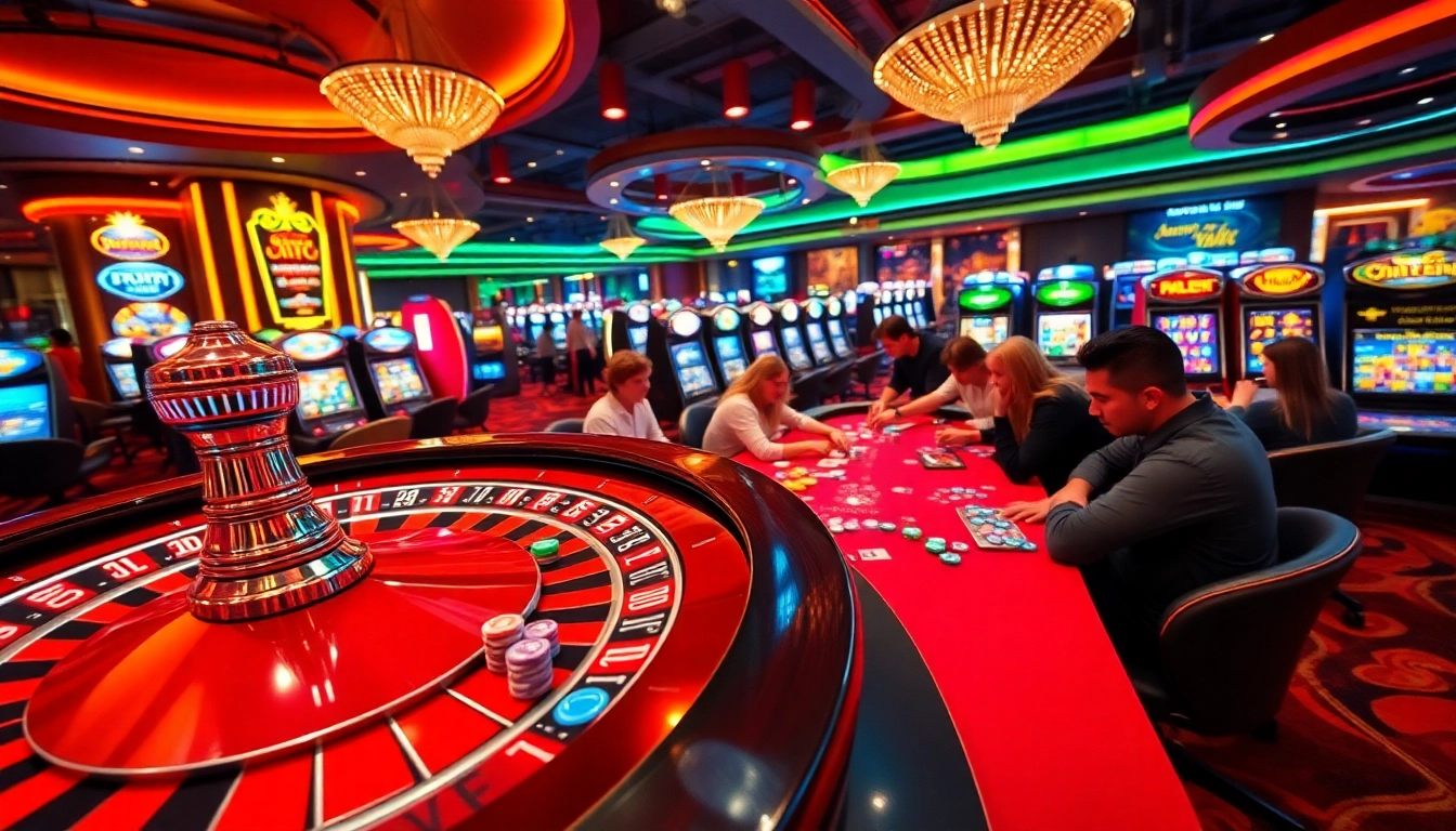 Action-packed casino scene at 13win, featuring roulette, poker players, and vibrant slot machines.