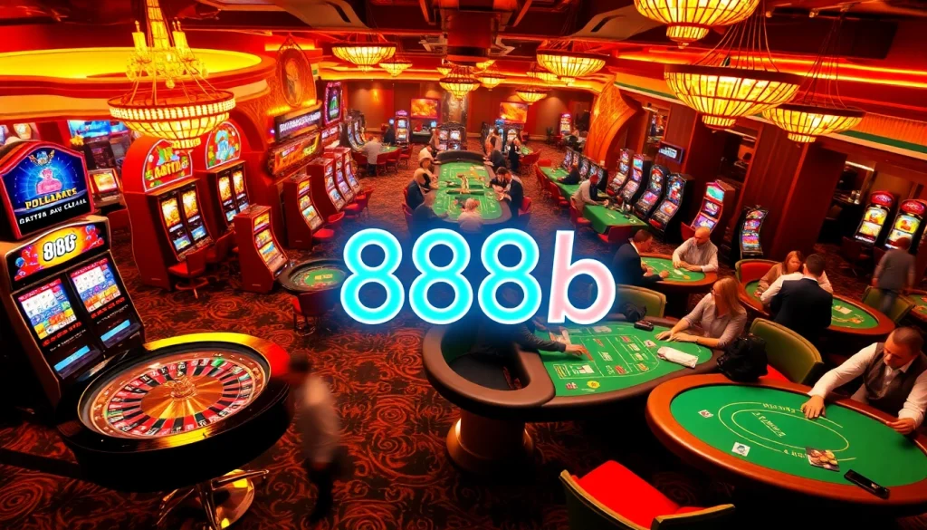 Capturing the exhilarating vibe of a casino, the image features vibrant slot machines and a roulette table, with '888b' illuminated in neon, embodying excitement and the world of gambling.
