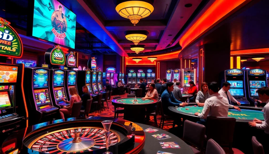 Exciting casino atmosphere at neu88 with vibrant slot machines and avid players at the roulette table.