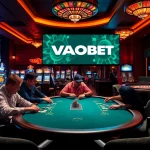 Experience the thrill at VAOBET's vibrant casino with poker tables and slots, capturing the essence of high-stakes gambling.