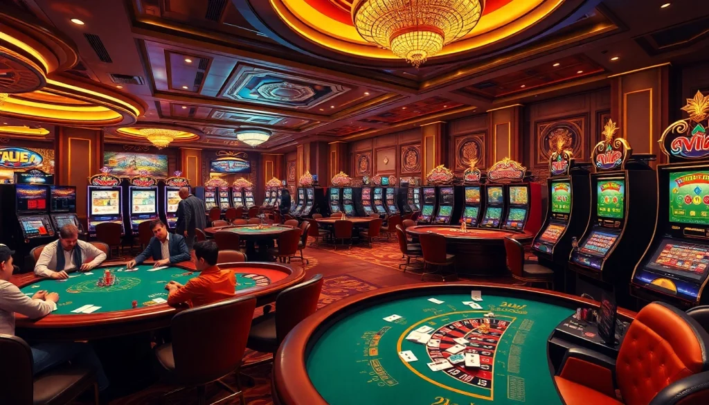 Dynamic scene of players at nhà cái 789f enjoying poker and roulette, with casino elements and vibrant atmosphere.