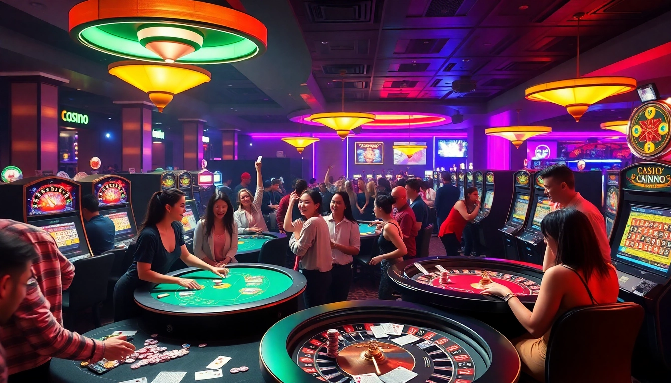 Experience the excitement of Zbet as players celebrate wins at a lively casino with vibrant gaming tables and slot machines.
