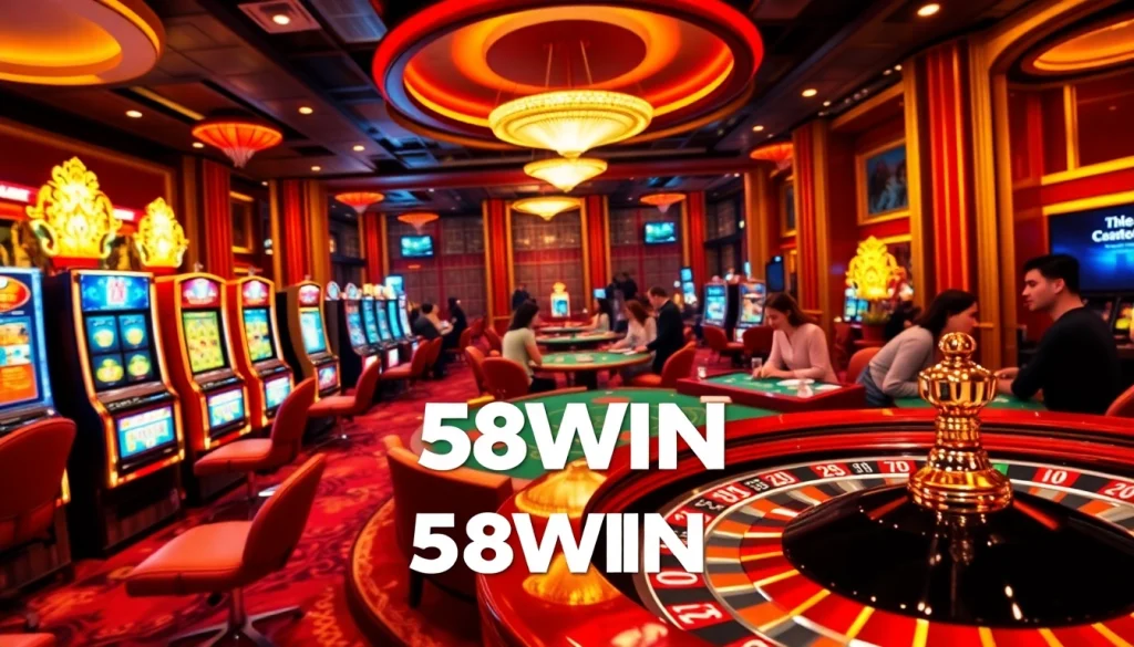 Experience the thrill of gambling at 58WIN's luxurious casino with vibrant tables and energetic players.