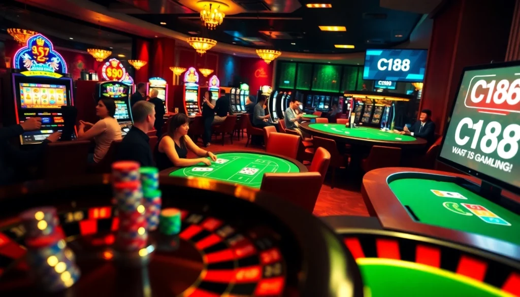 Experience thrilling gambling at C168 casino with vibrant tables and slot machines in action.