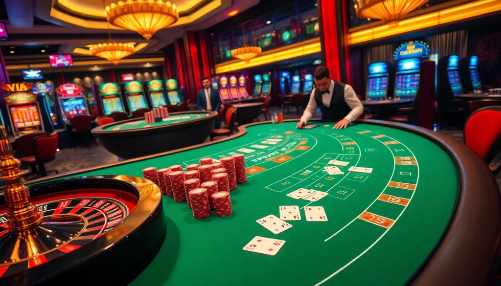 23win casino scene featuring vibrant gambling tables, thrilling poker action, and gleaming slot machines.