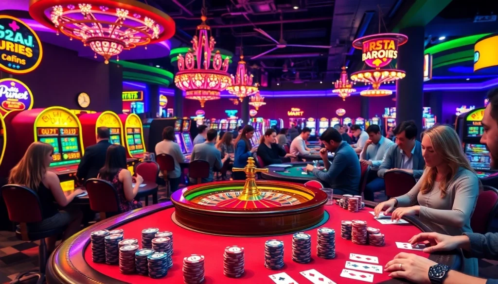 Experience the thrill of p3bet in an exciting casino scene with vibrant roulette, lively players, and bright slot machines.