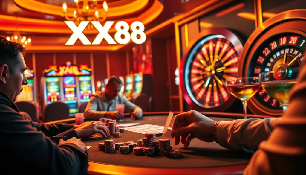 Experience the thrill of XX88 as players engage around a vibrant casino poker table with dice and chips.