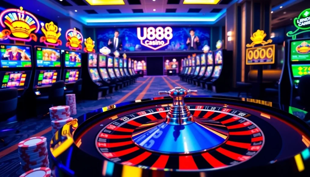 Experience U888 gaming with vibrant casino visuals featuring roulette, poker chips, and digital slot machines.