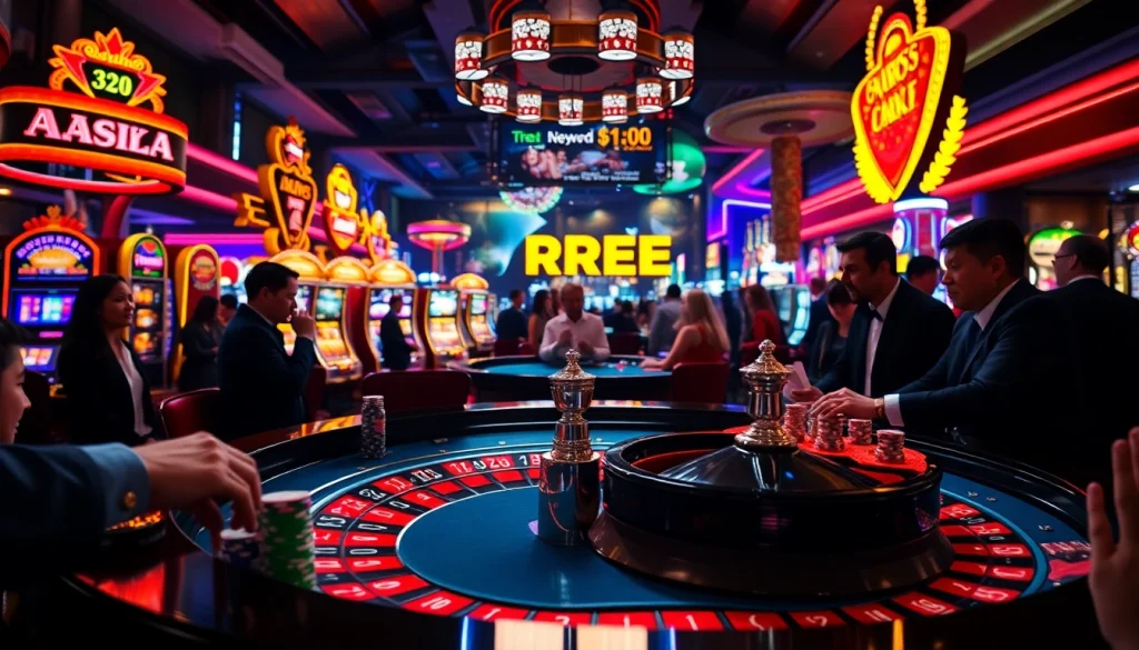 Exciting casino scene featuring RREE-themed vibrant roulette table surrounded by enthusiastic players.