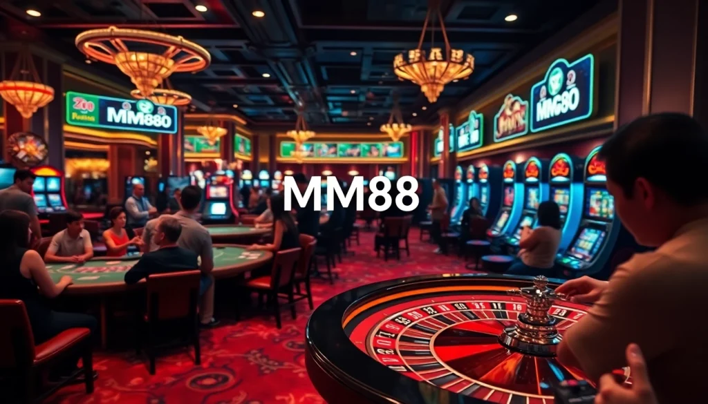 Experience the thrill of gaming at MM88, featuring roulette wheels and poker tables.