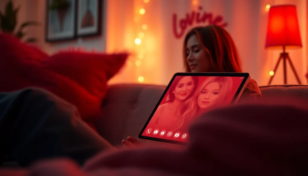 Engaging scenario of ai chat porn featuring intimate interactions on a modern device in a cozy setting.