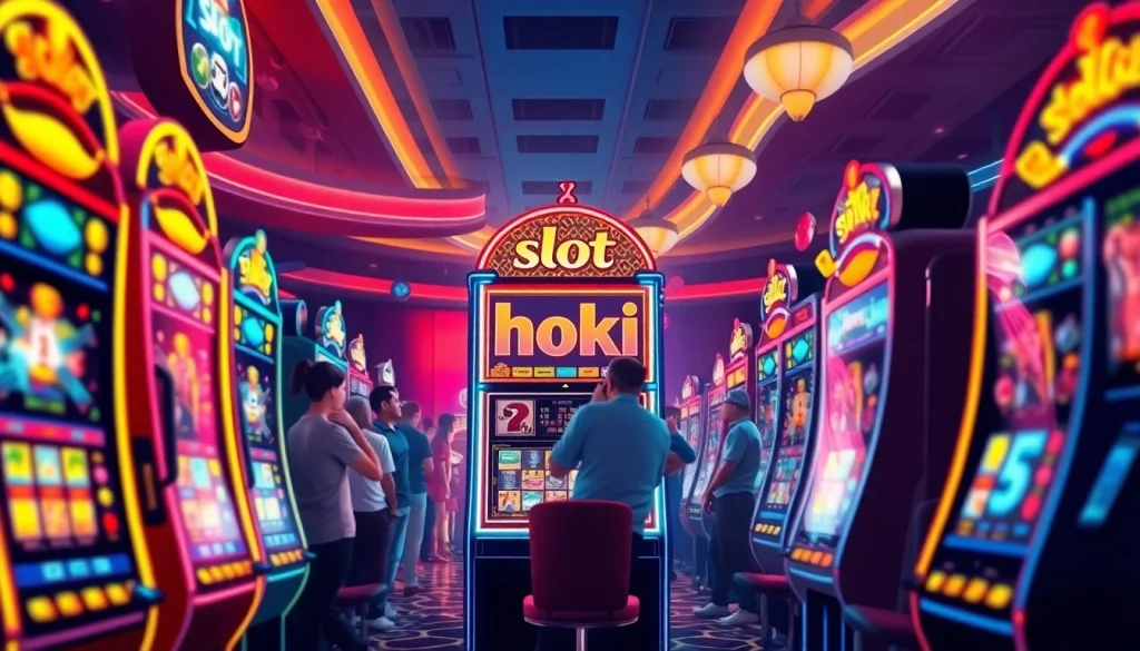 Exciting casino scene featuring vibrant slot hoki machines lighting up the floor.