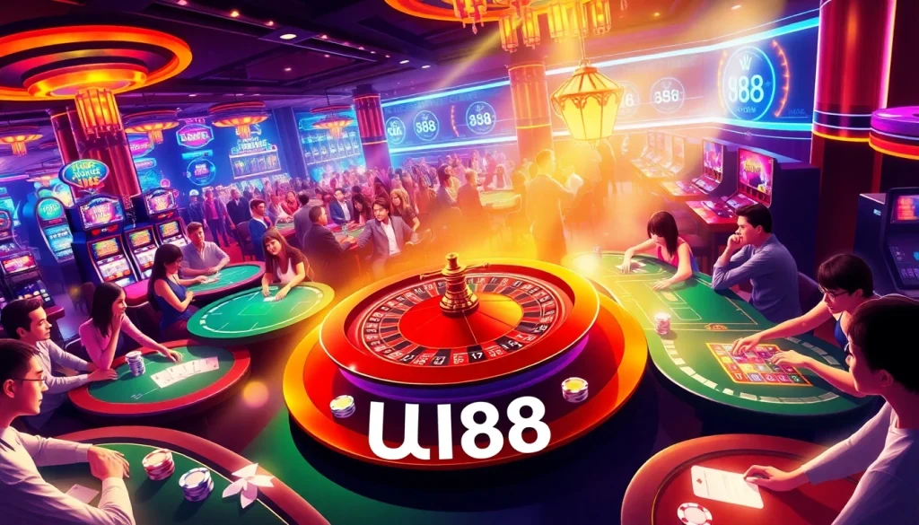 UU88 casino scene with vibrant lighting and exciting gameplay activities.