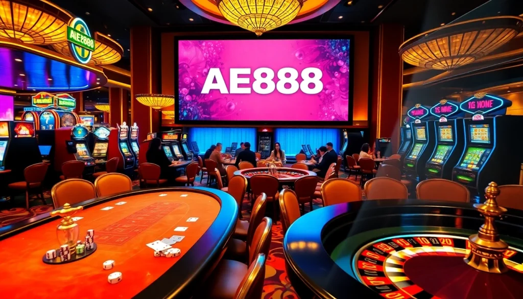 AE888 casino scene featuring vibrant poker action and illuminated slot machines.