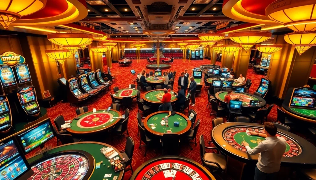 Experience the thrill of mm88 online casino with vibrant players at poker and roulette tables, showcasing digital gambling excitement.