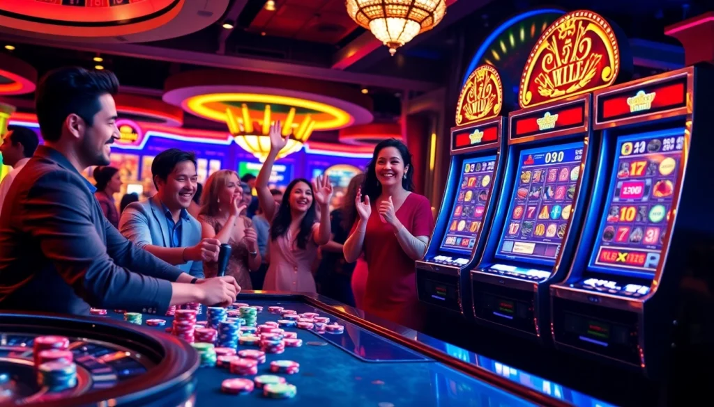 Experience the thrill of winning at KINGFUN’s vibrant slot machines with energetic players in a luxurious casino setting.