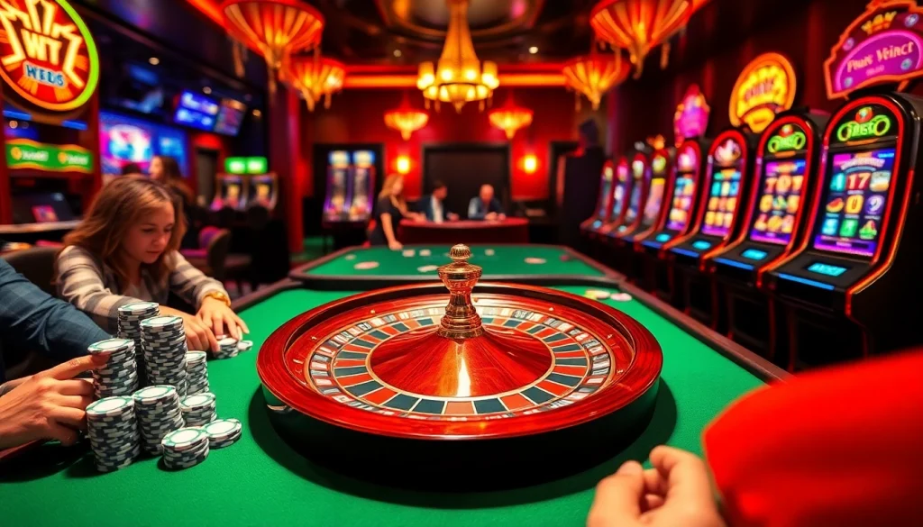 Experience the excitement of red88 with players engaging at a vibrant casino, featuring roulette, poker chips, and colorful slot machines.