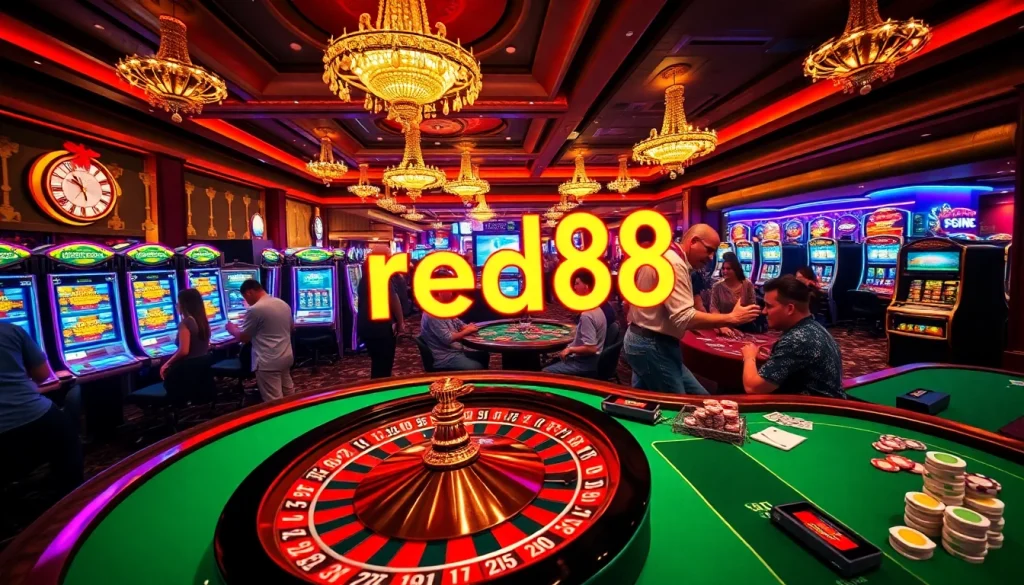 Experience the thrill of red88 as players enjoy high-stakes poker at a vibrant casino table.