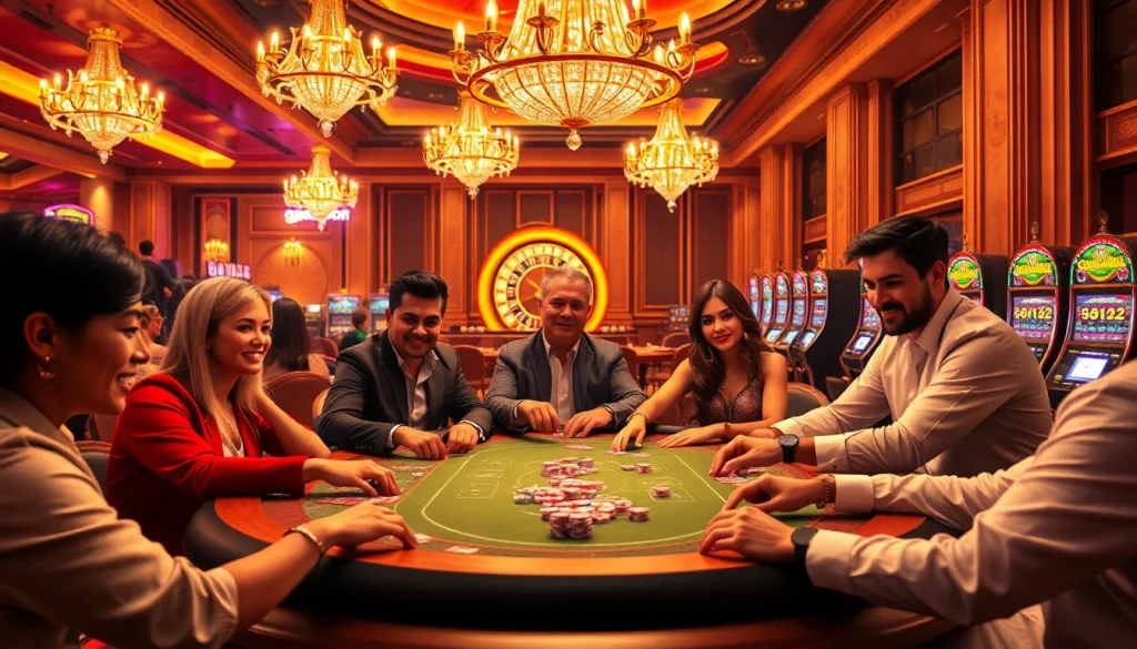 Players enjoying a high-stakes poker game, showcasing the thrill of gacor123 betting opportunities in an upscale casino atmosphere.