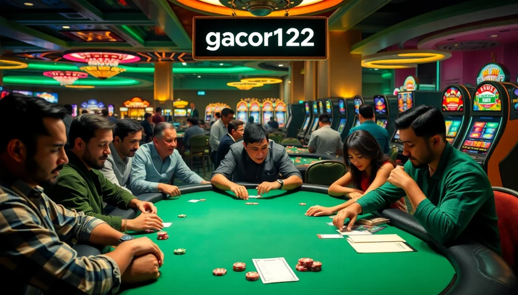 Experience the excitement of gacor123 at a vibrant casino poker table filled with eager players immersed in high-stakes gameplay.